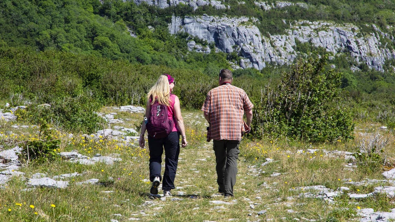 Two people walking on a rocky path with bushes and rocks in front