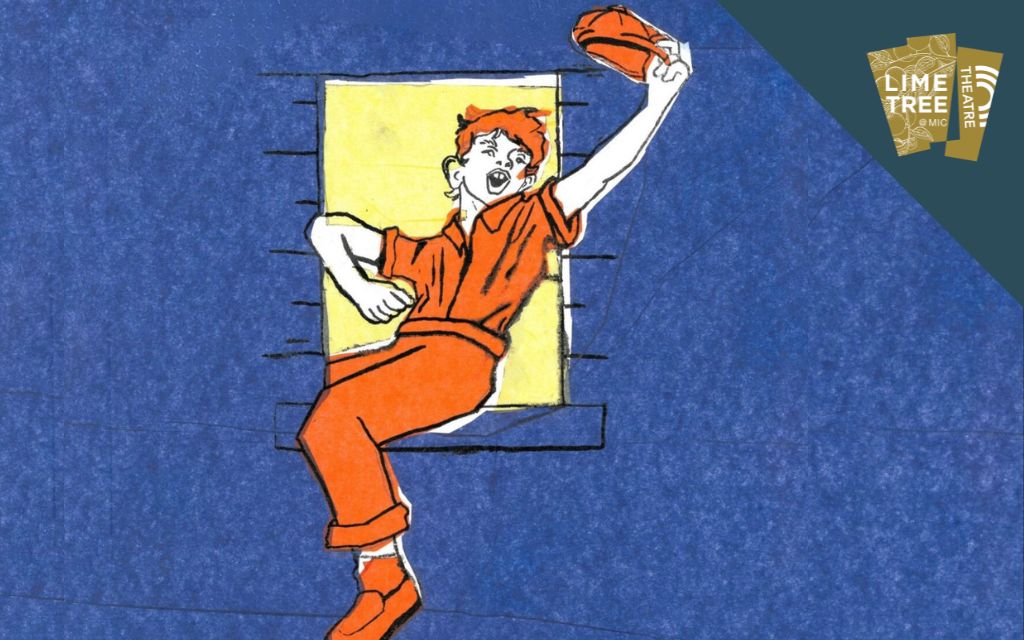 Drawing of a boy dressed in orange climbing out of a window waving his cap in the air against a dark blue building