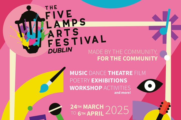 the image shows a lamp in the top left corner with coloured paint bursting out, the bottom right shows a drawing of a guitar, here are music notes and 70s style graphics on a pink background, with written info on the festival