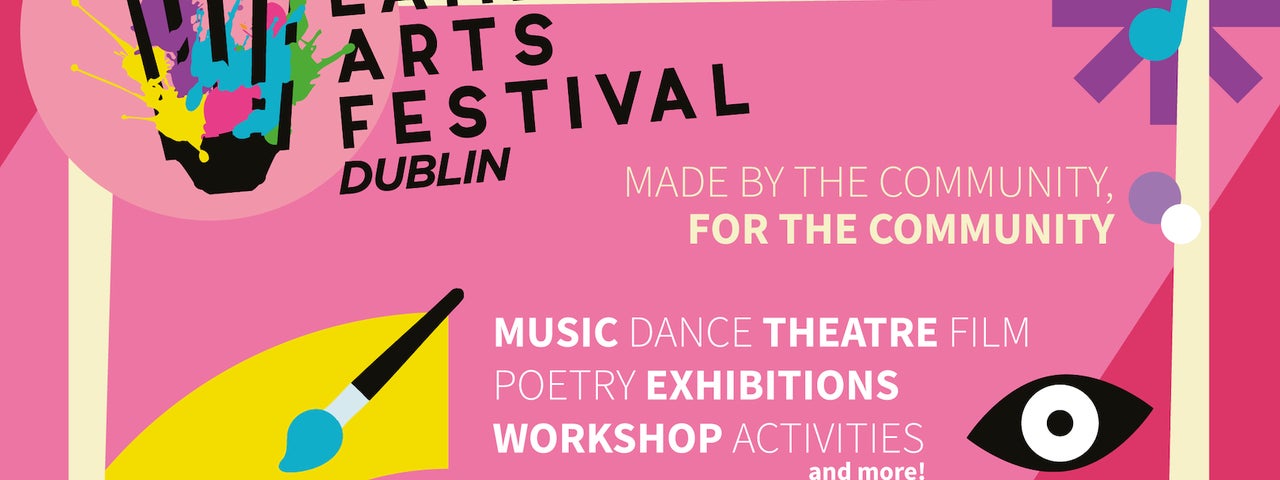 the image shows a lamp in the top left corner with coloured paint bursting out, the bottom right shows a drawing of a guitar, here are music notes and 70s style graphics on a pink background, with written info on the festival