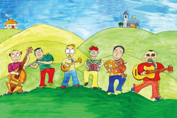 Colourful drawn picture of 6 musicians in a line on green hill playing instruments