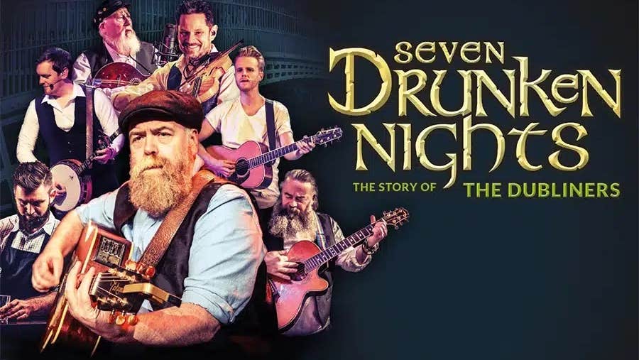 Collage of lots of different images in various sizes of men playing mostly guitars, dark background with yellow event text to the side.