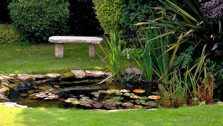 A water pond in the garden with a stone bench and a sculpture at the pond edge