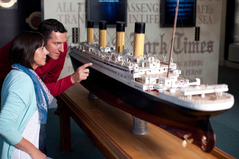 A couple looking a model of the Titanic at the Titanic Experience in Cobh, County Cork.