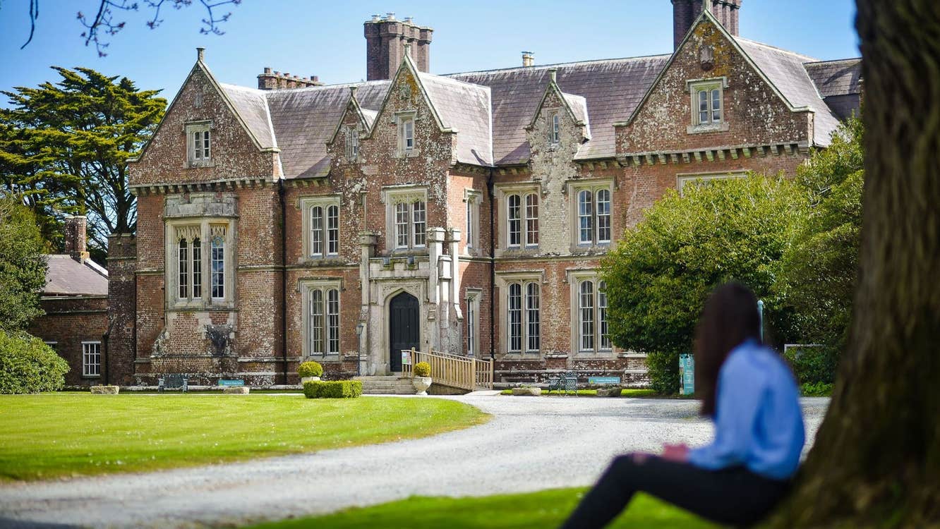 A person sitting under a tree looking at a stately house