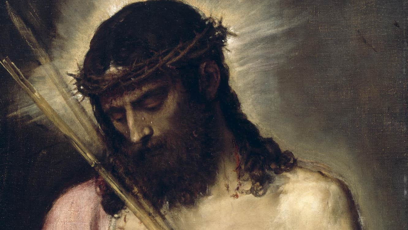 Ecce Homo by Titian. It shows Jesus wounded and crying, wearing a crown of thorns.