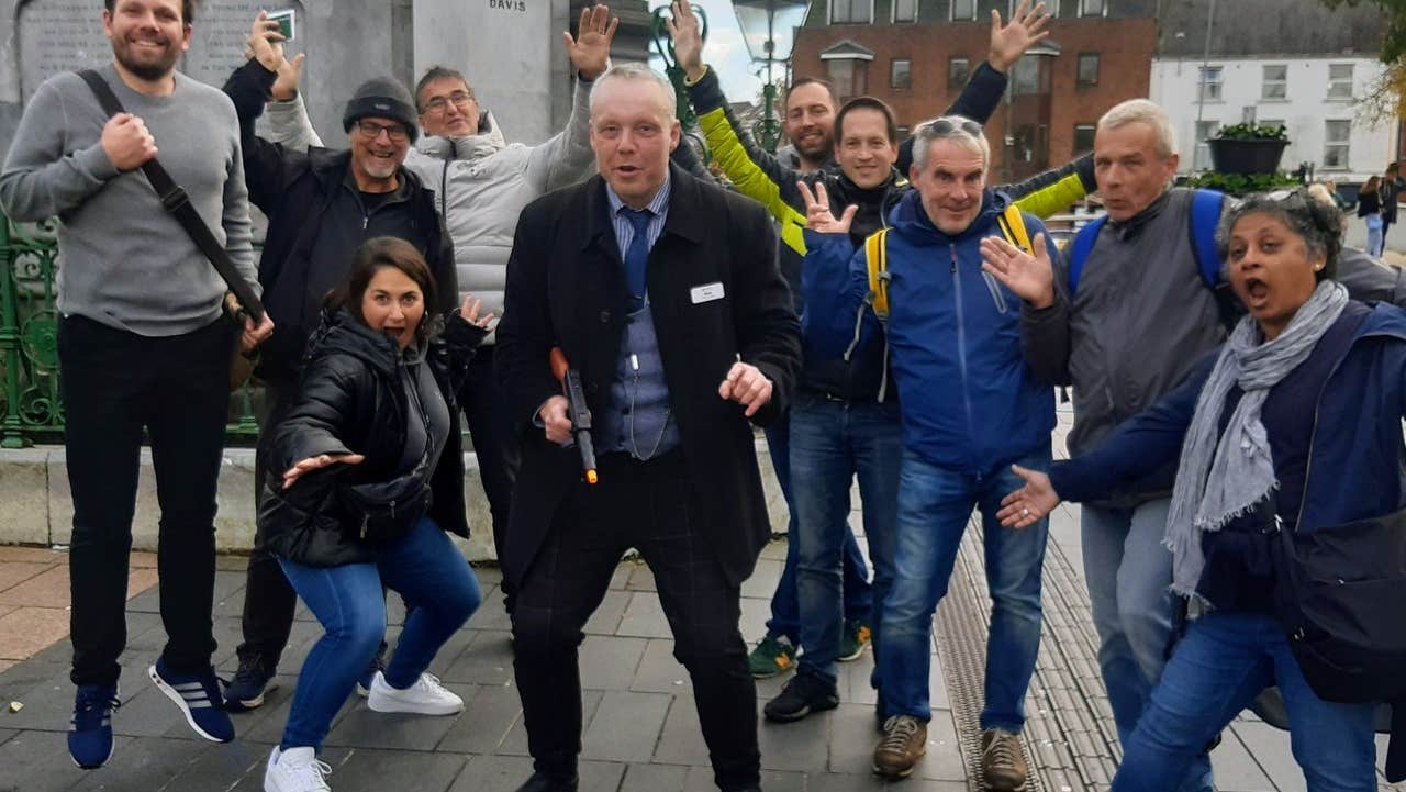 A German tour group at the National Monument in Cork City with Rebel City Tour of Cork