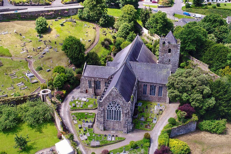 An view of St Marys Collegiate Church in Youghal from the sky
