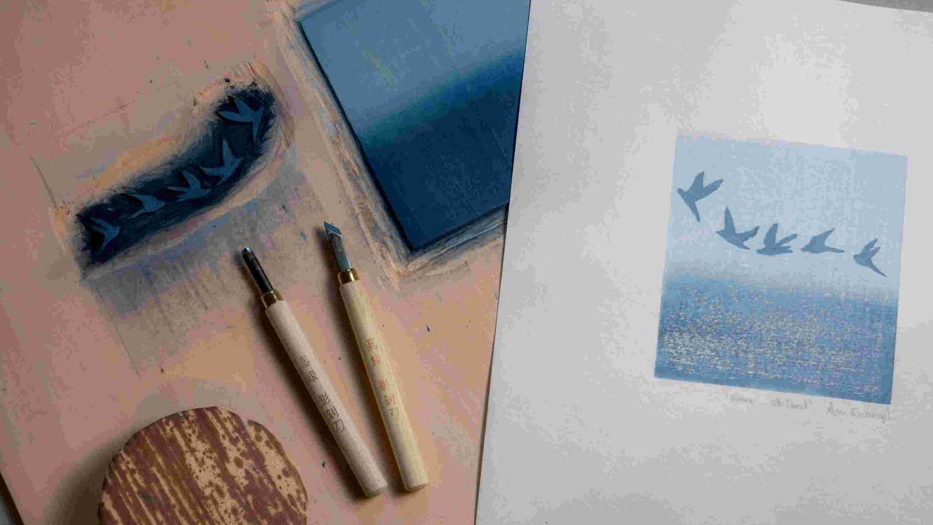 Mokuhanga Japanese Woodblock Printing with Ann Kavanagh, looking down on a table with print instruments and a finished art work.