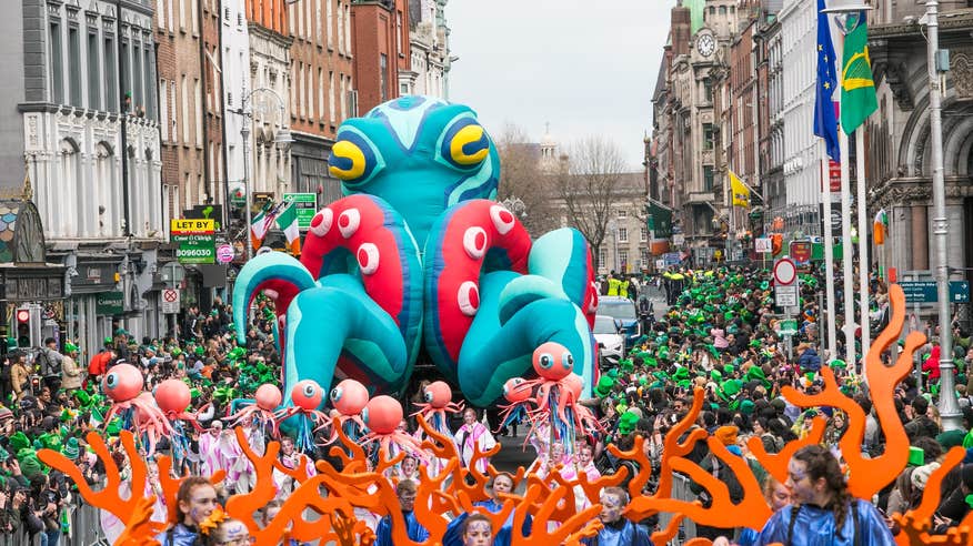 Performers and floats in the 2025 St Patrick's Day parade in Dublin city