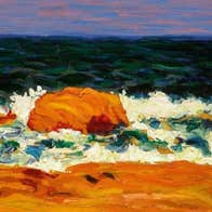 A painting of waves breaking on a shore.