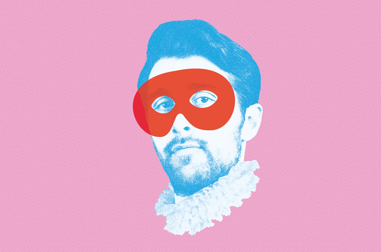 Tartuffe - an Abbey Theatre Production, man's head in blue and white, wearing a white ruffle with a red eye mask, against a pink background