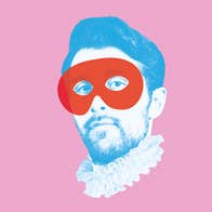 Tartuffe - an Abbey Theatre Production, man's head in blue and white, wearing a white ruffle with a red eye mask, against a pink background
