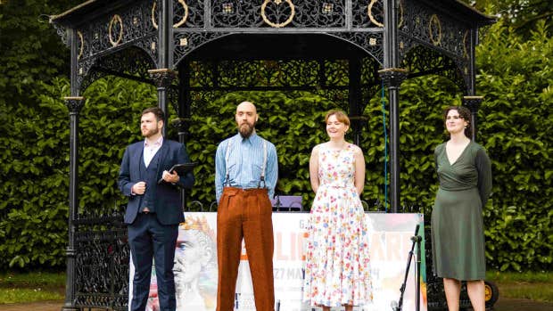 BVOF Opening Ceremony - Open Air Recital Lismore, 4 people standing in front of a small bandstand in a park.