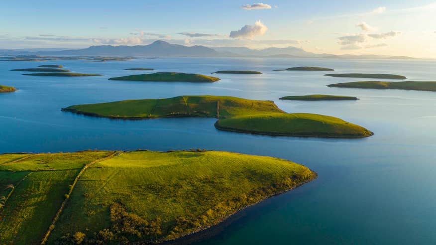 An aerial view of Clew Bay, Westport, Mayo