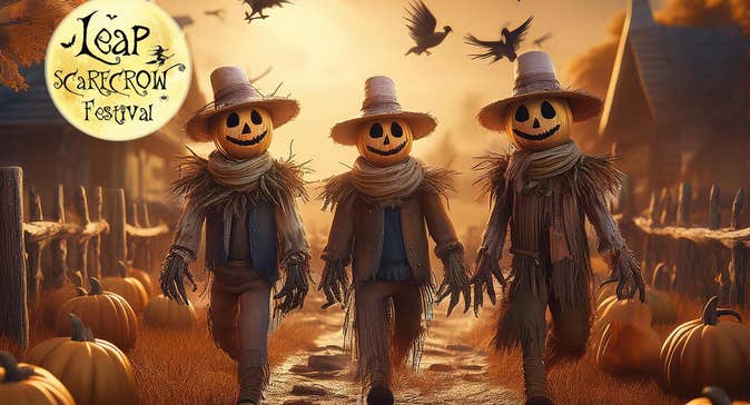 Brown and orange image of 3 people with pumpkin heads walking along a road with pumpkins either side in a village.