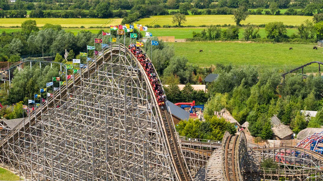 Aerial image of people riding the wooden rollercoaster at Emerald Park in County Meath