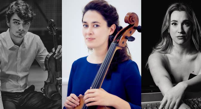 Eoin Ducrot with a violin, Aoife Burke with a cello and Chiara Opalio at a piano.