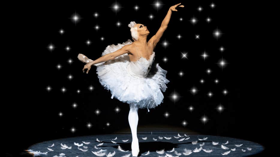 Les Ballets Trockadero de Monte Carlo, a person in a white tutu standing on point on one leg with the other stretched out behind them.