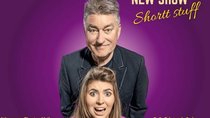 Shortt Stuff with Pat and Faye Shortt, a grinning man standing behind a woman with a shocked expression.