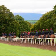 A line of horses and their jockeys make their way along a fenced racing track