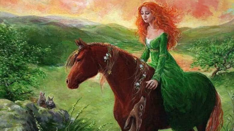 The Folklore, Fables and Legends of Lough Gur, a painting of a woman on horse back reaching a hand down to a small deer.