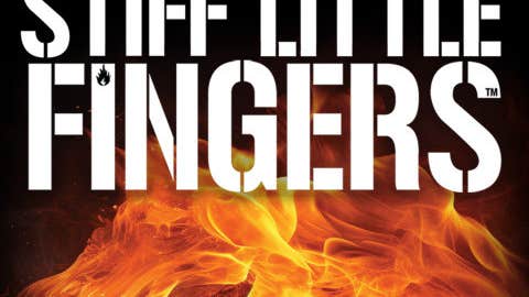 Orange flames with white text above.