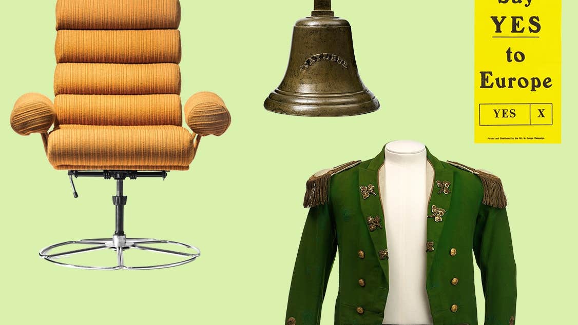 Composite image of artefacts featured on this tour including a brown swivel chair, green military jacket and a large bell.