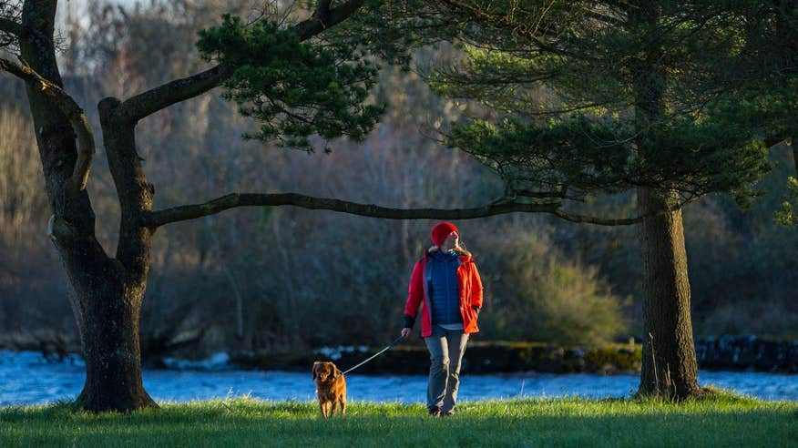 A woman in a red hat and jacket walking her dog