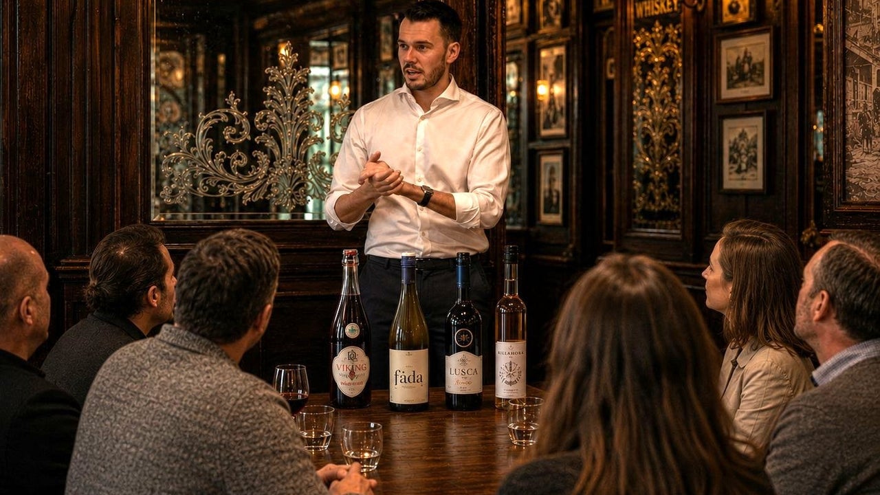 A sommelier at a tasting of four different bottles of wine with a group of people