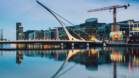View of a bridge in Dublin City at dusk