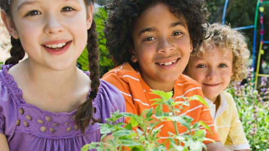 3 smiling young children, one holding green seedlings.