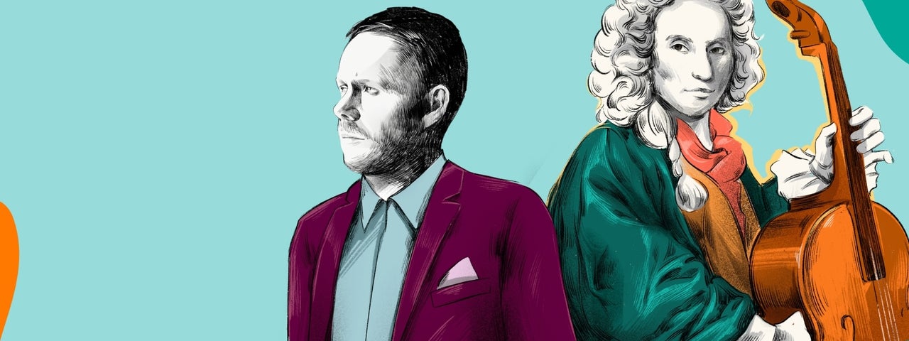 Recomposed by Max Richter: Vivaldi, colour pencil drawing of a man in modern jacket and shirt beside man in old style jacket and ornate wig holding a cello