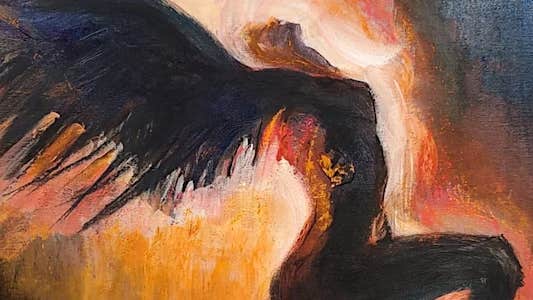 Festival Mná - drawing of figure arching backwards with large outstretched wings.