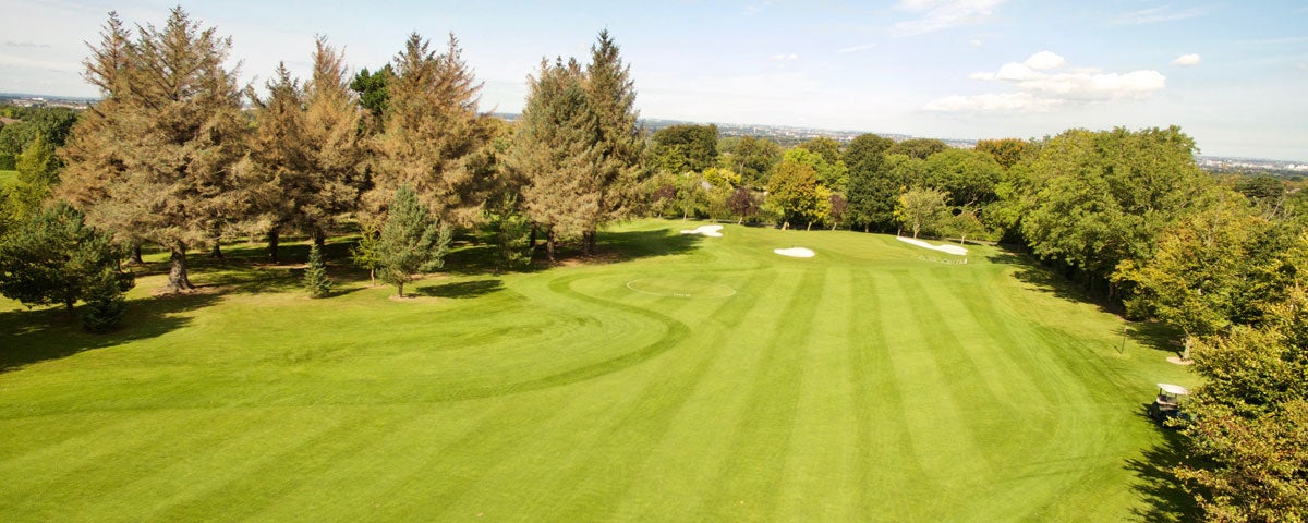 A view of Edmondstown Golf Club's course surrounded by trees under a blue sky