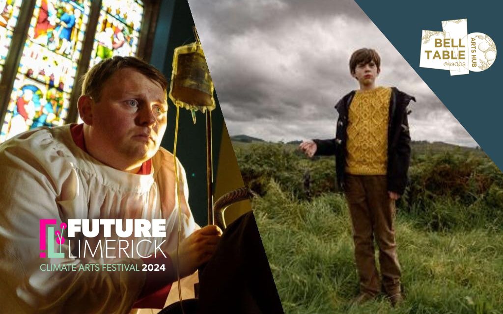 Emerging Limerick Filmmakers. Picture of a boy in a yellow jumper and coat standing in a field on a cloudy day and a man in white garment in a church with stained glass window behind.