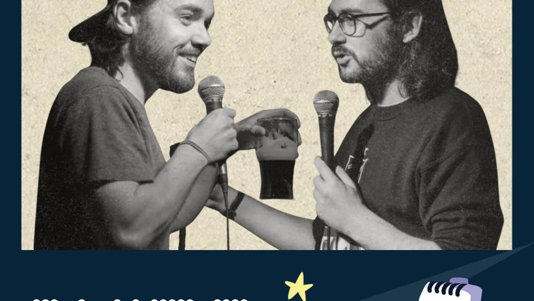 Poster for Shite Talk Live at Teach Dolmain with 2 images of men holding mics talking.