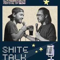 Poster for Shite Talk Live at Teach Dolmain with 2 images of men holding mics talking.