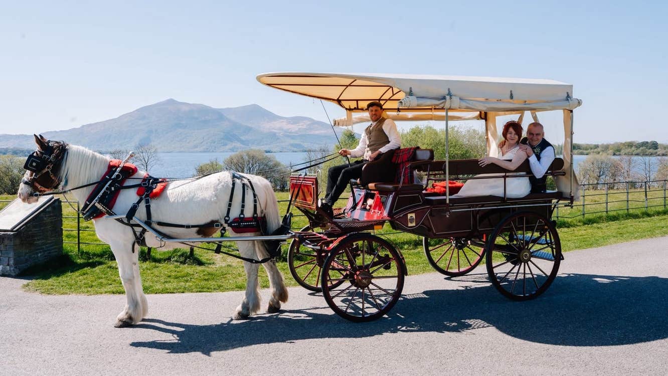 People on a decorative carriage pulled by a horse with a mountain view in the background