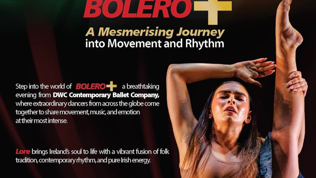 Part of poster for BOLERO+ Live in Dublin 15-17 July with a woman dancing, holding one leg vertically up beside her body.