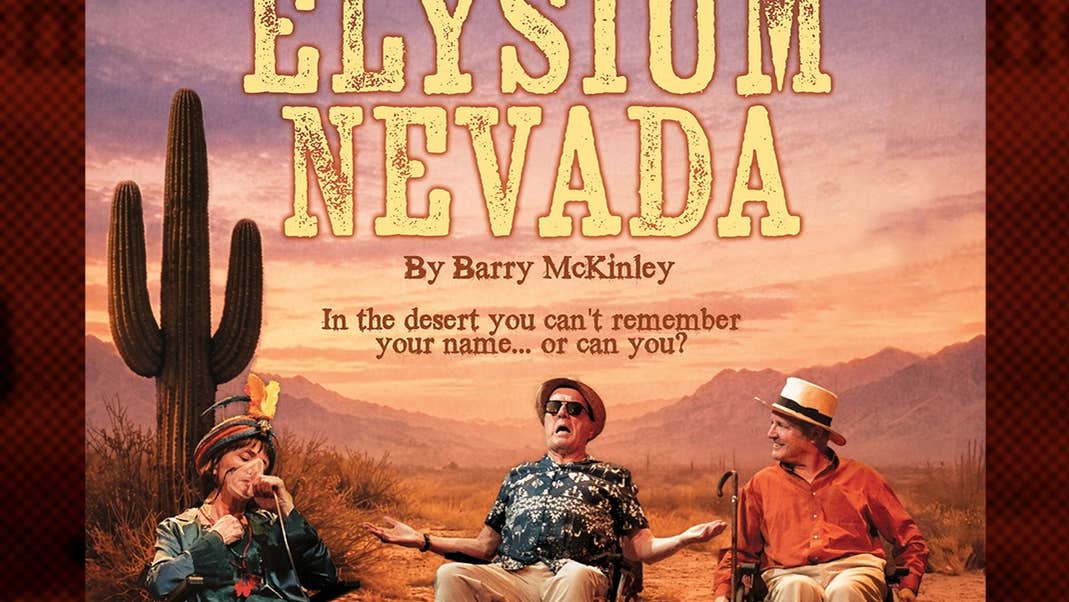 Elysium Nevada by Barry McKinley - an orange tinted view of a desert with 3 in wheelchairs