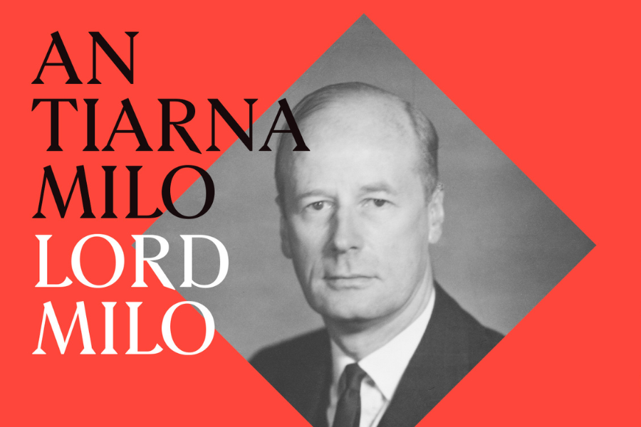 Exhibition of Lord Milo at Malahide Castle & Gardens. Old black and white photo of man in shirt and tie in a diamond shape with red background and black and white event text.