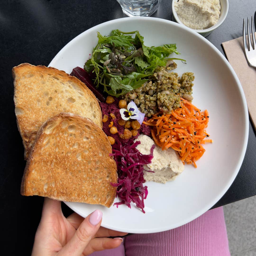 A white plate with two slices of bread, sliced carrots, sliced beets, hummus, lettuce, chickpeas.