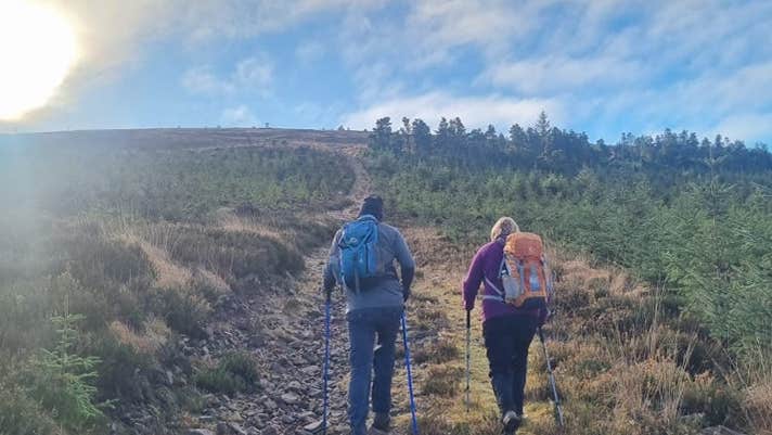 Rear view of 2 people with rucksacks and walking poles on a track through greenery heading up hill with sun haze and blue and white sky.