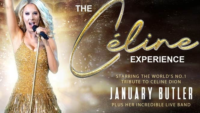 A woman in gold dress singing into handheld mic with one arm straight up in the air