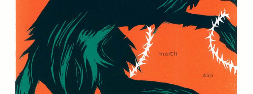 Drawing of black wolf with teeth bared and white barbed wire around it's legs, against orange background.