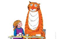 Drawing of tall, orange tiger seated at a table beside a small, smiling girl.