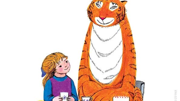 Drawing of tall, orange tiger seated at a table beside a small, smiling girl.