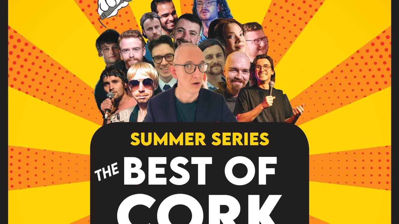 Poster with sunburst background with small collage of faces of various comedians in centre with large text