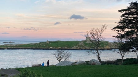 Two people standing in a field next to the sea at sunset